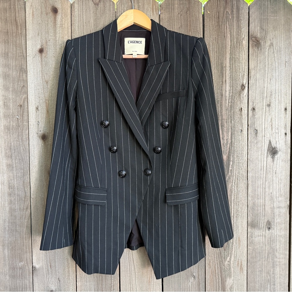 L'AGENCE Double-Breasted Black Pinstripe Blazer